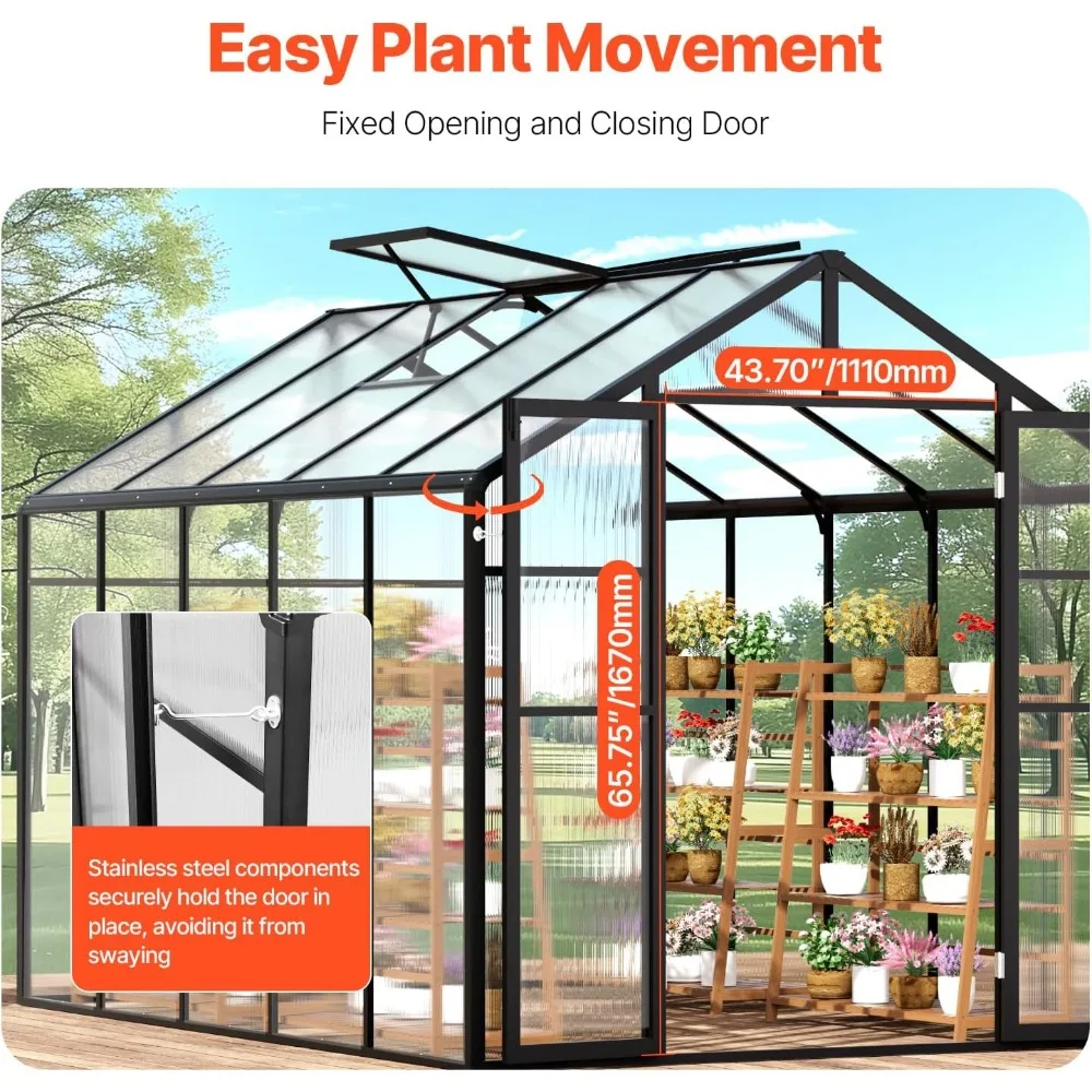 Polycarbonate garden greenhouse with 2 ventilation windows, hinged doors, large aluminum, outdoor flower and plant greenhouse 6