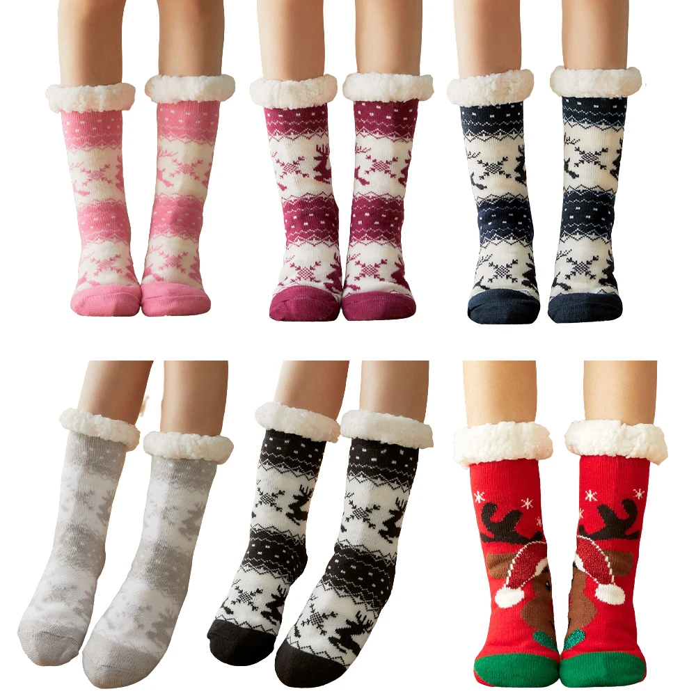 Winter Warm Socks Women penguin Plush Soft Female Non Grip Floor Slippers Short Sock Fuzzy Fluffy Deer Elk Bear Christmas Gift 6