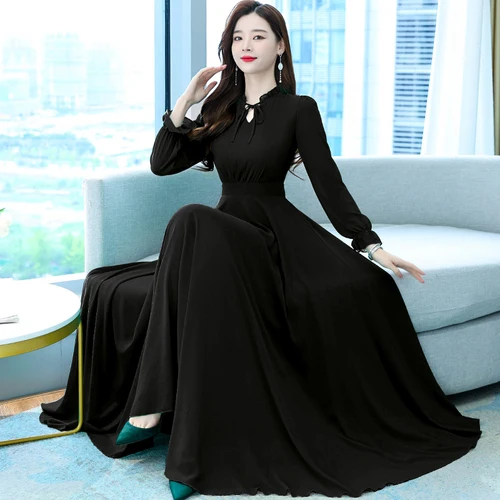 Korean Vintage Solid Maxi Dress Spring Autumn Black Casual Beach Midi Dress  2022 Women Party Bodycon Long Sleeve Night Vestidos - Dresses - AliExpress