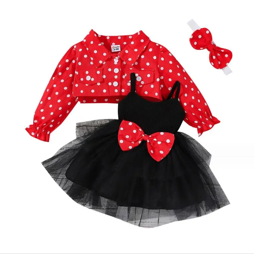 

0-24M Baby Girls Autumn Clothes Toddler Newborn Polka-Dot Single-Breasted Jacket Tops Bowtie Mesh Skirt Christmas Outfits Sets