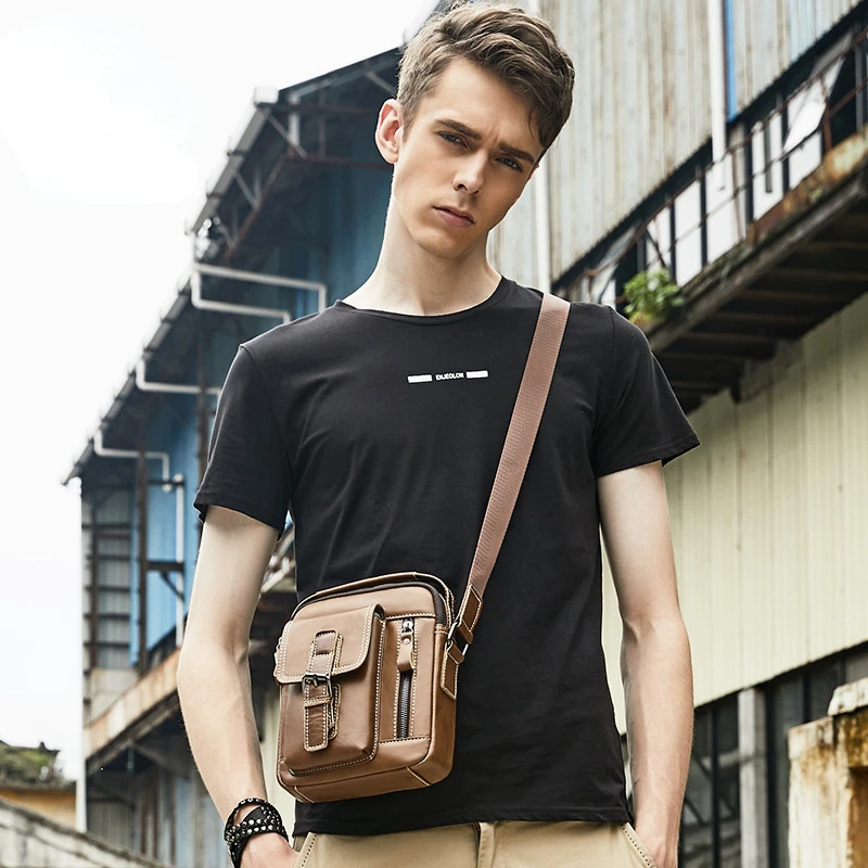 Cowhide Men's Small Bag Leather Single Shoulder Bag Men's Retro Casual Vertical Crossbody Bag MINI Handbag Solid Color Brown
