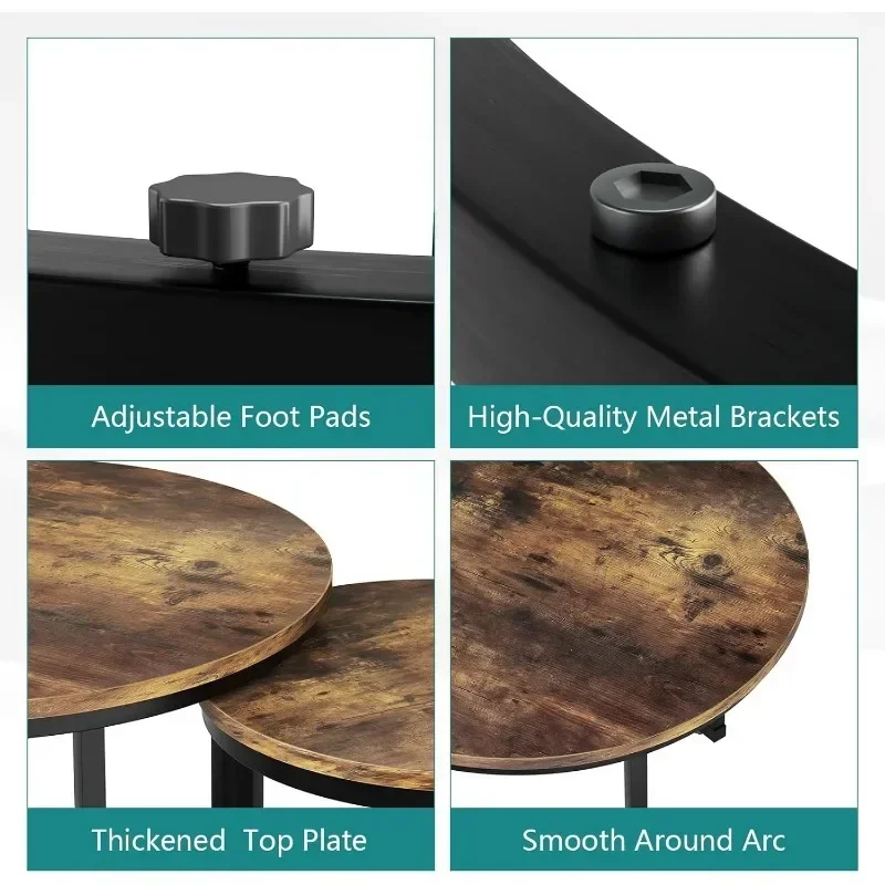 Nesting Coffee Table Set of 2, 23.6" Round Coffee Table Rustic Wood Top with Adjustable Non-Slip Feet, Industrial End Table 4