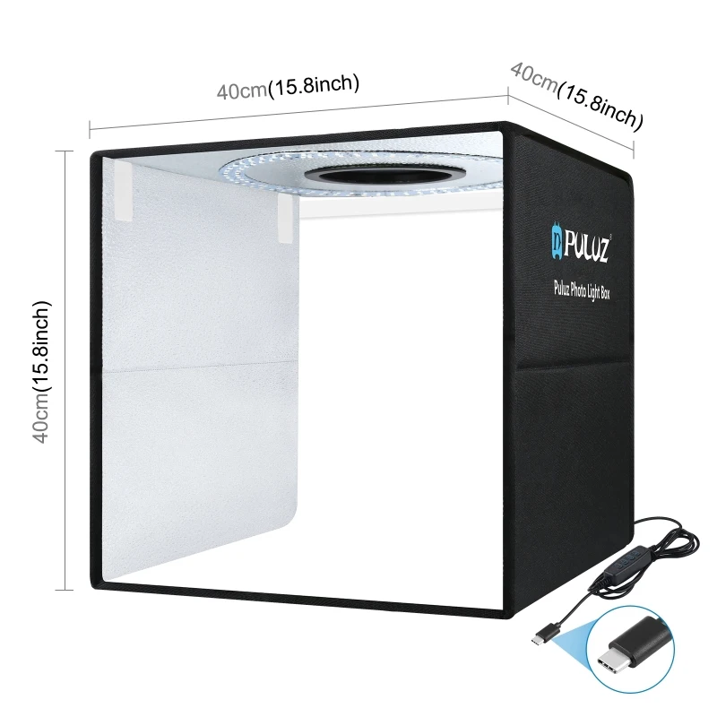 Photo Studio Box,LED Photo Lighting,Photo Studio Light Tent,Ring Light,PULUZ 40cm Folding Photo Studio Tent Box Kit,with 160 LED Ring Light & 6 Color Backgrounds & Soft Cloth,Quick Charge Type-C