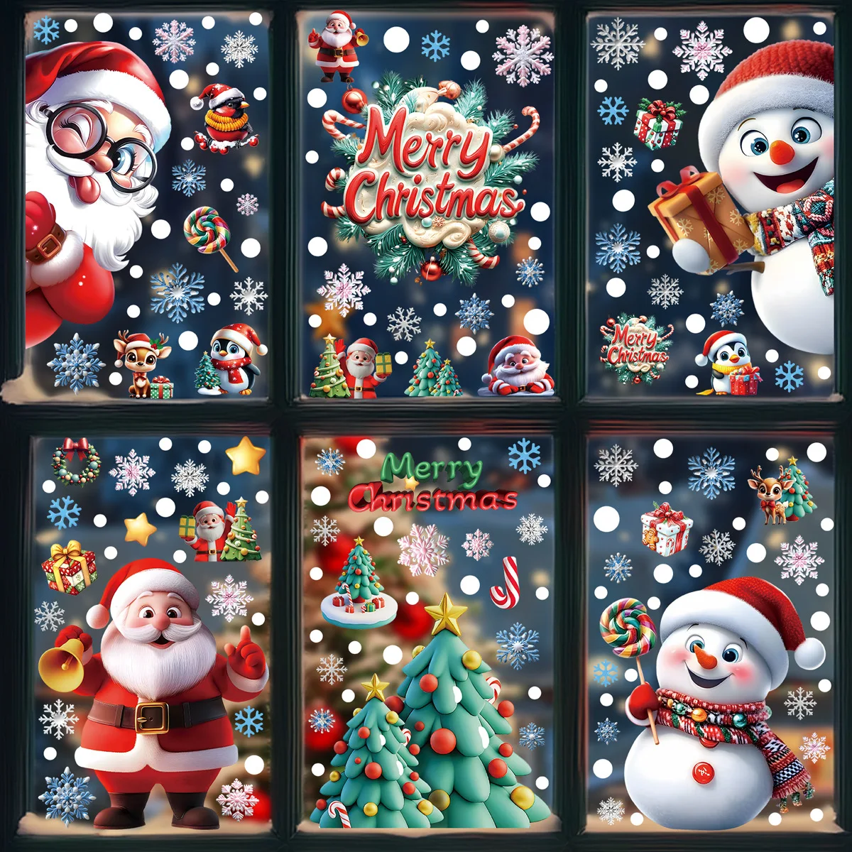 New Christmas Static Cling Stickers Creative Bells Reindeer Santa Snowflakes & Snowman Window Decals for Holiday Party Decor