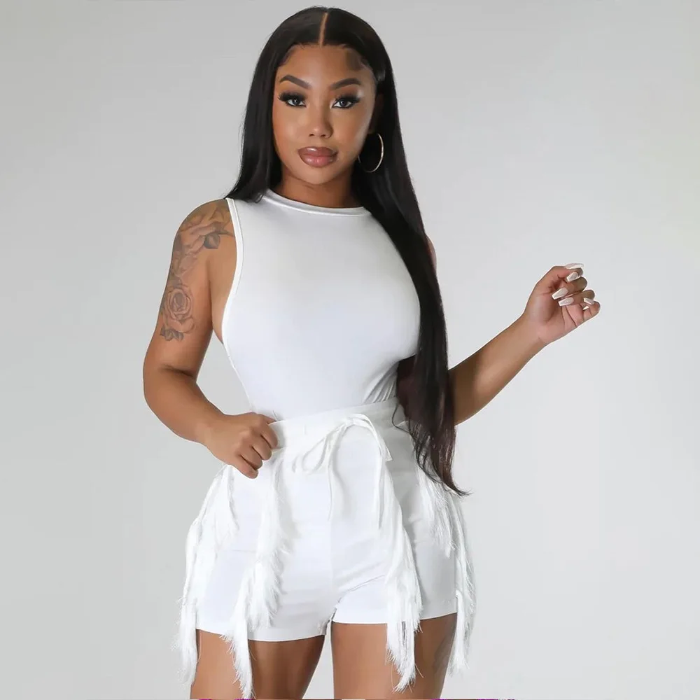 

Summer Suits 2023 New Solid Color Sleeveless Bodysuit with Tassel Casual Shorts Fashion Sexy 2 Piece Sets Womens Outfits
