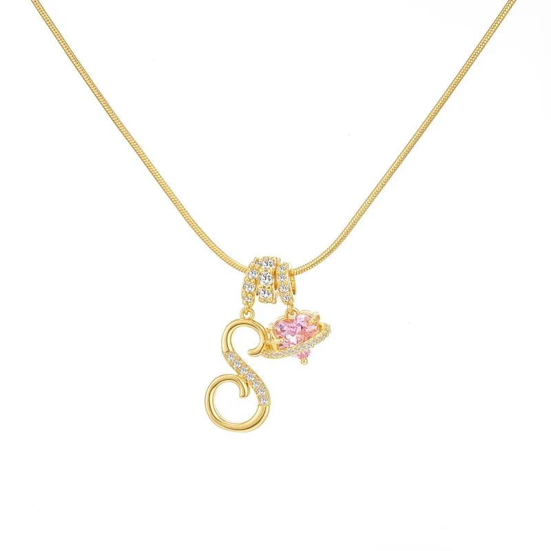 22K Gold Plated Stainless Steel Snake Chain Initial Alphabet CZ Pink Heart Pendant Necklace for Girl Women Personalized Jewelry 24