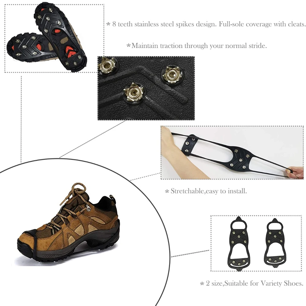 1 Pair 8 Teeth Anti-Skid Snow lce Climbing Shoe Spikes Ice Grips for Shoes Crampons Winter Climbing Anti Slip Shoe Cover Part