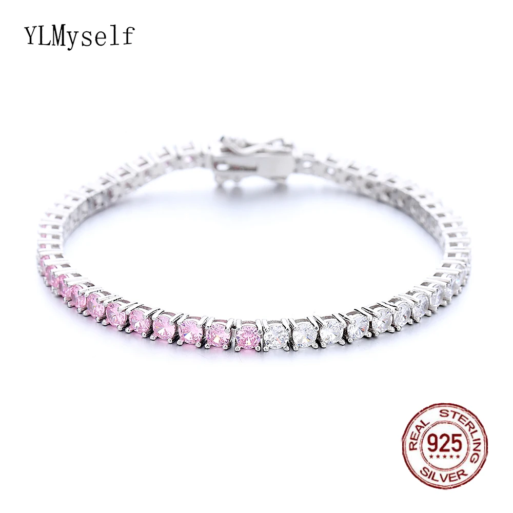 

Real 925 Silver Tennis Bracelet Pave 3 mm Half Pink Mix Half White Cubic Zircon For Women 15-19cm Fine Jewelry