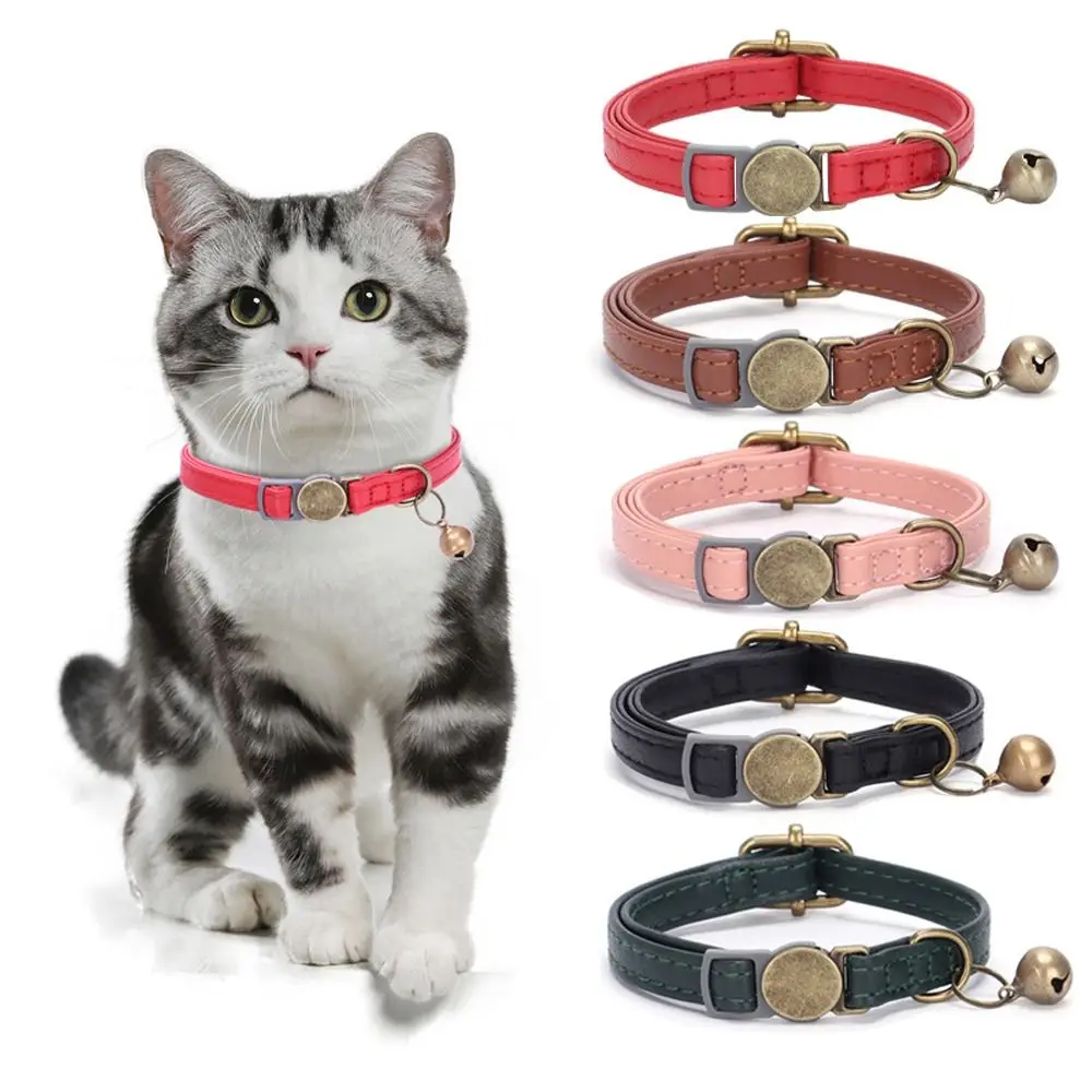 

Fashion PU Leather Cat Collar Puppy Neck Strap Adjustable Kitten Collar With Removable Bell Dog Collar Cat Necklace Pet Supplies