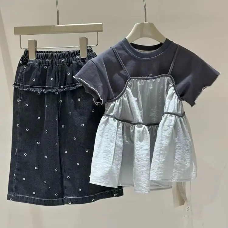 Girls' summer outfit set short sleeved camisole skirt jeans three piece set for children kids denim jeans