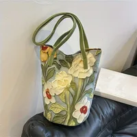 Floral Bucket Bag for Women, Shoulder Crossbody Oil Painting Flower Design Casual Fashion Tote Bag, Available Green, Blue, Black 1