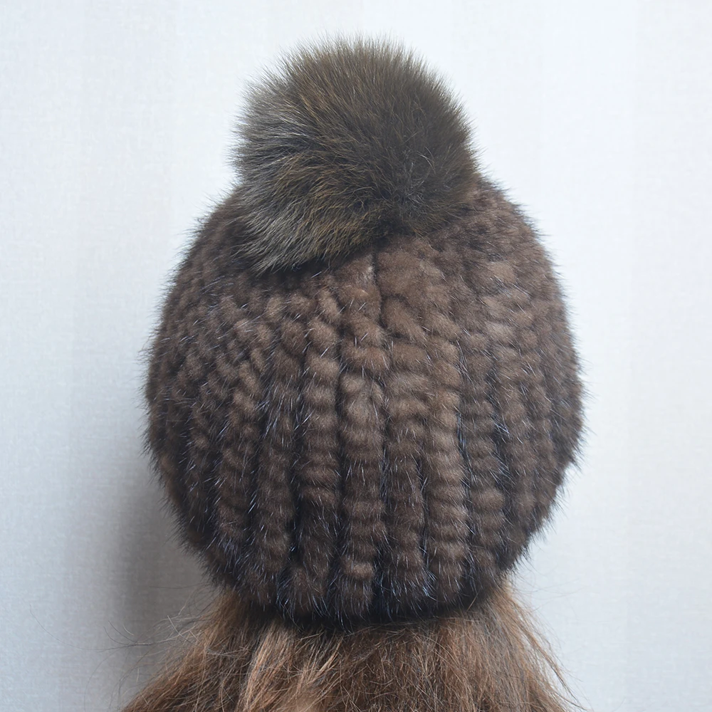 Winter Women Natural Mink Fur Hat Hand Knitted Warm 100% Genuine Mink Fur Cap Russia Lady Real Mink Fur And Fox Fur Pompoms Hats 2
