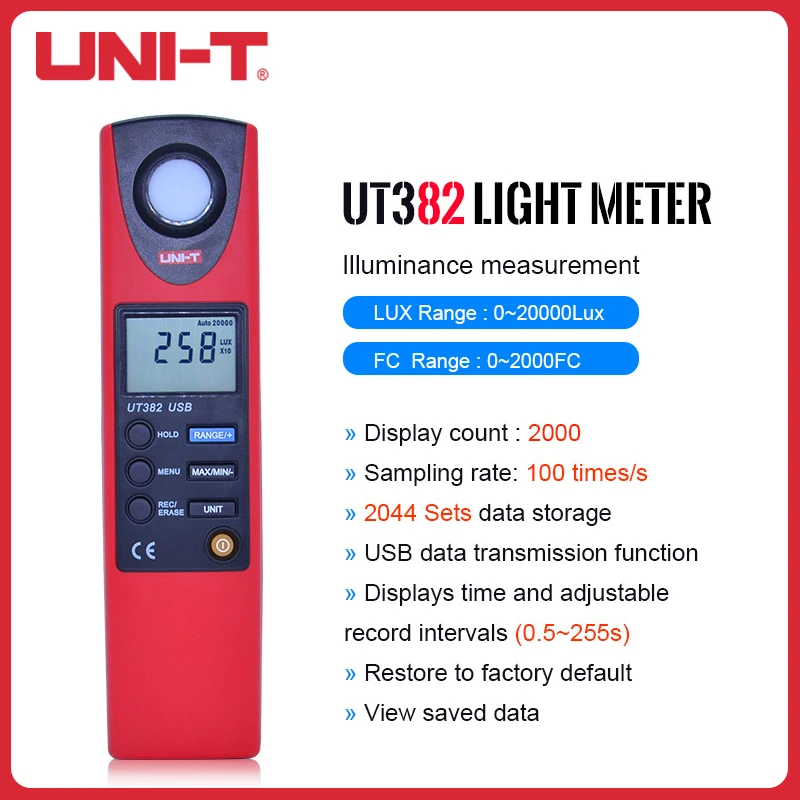 

UNI-T Luxmeter 20-20000 LUX Auto Range Data Logging USB Interface Level Meter Digital Light Illuminometers UT382