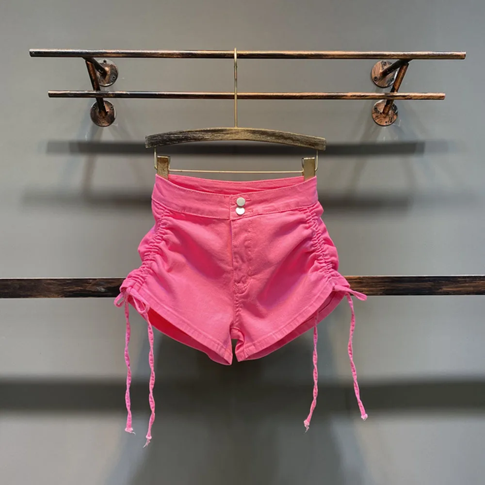 

New High Waist Women Pink Denim Shorts Summer Sexy Drawstring Pleated Short Jean Female Fashion Casual Jean Shorts Women Clothes