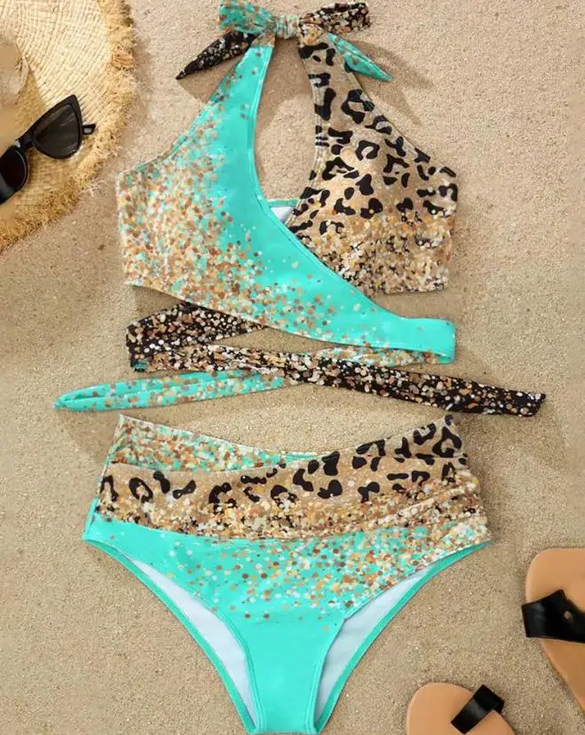 

Sexy Beach Vacation Swimwear Women Summer 2023 Fashion Leopard Print Crisscross Halter Sleeveless Lady Wireless Bra Bikini Set