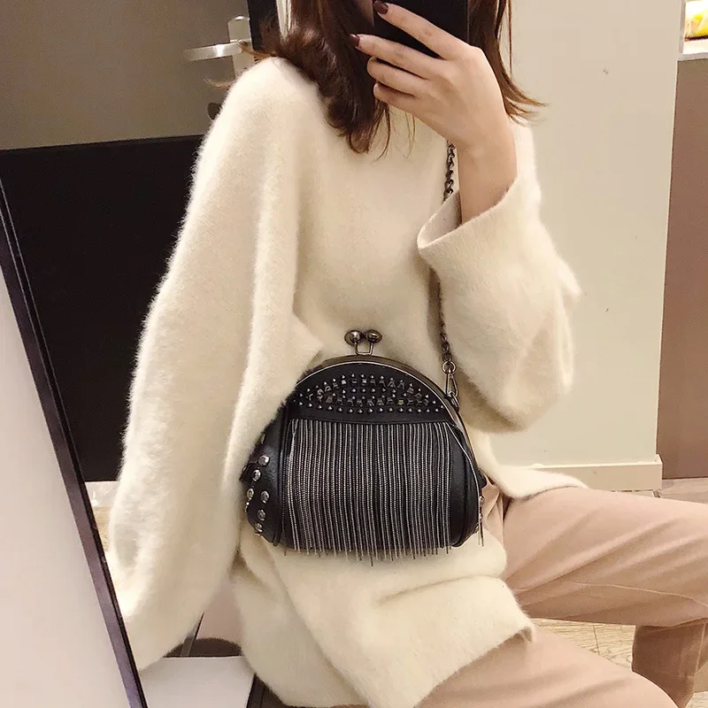 Fashion Leather Handbags Chain Shoulder Bags Woman Pack Rivet Tassel Diagonal Bag For Women