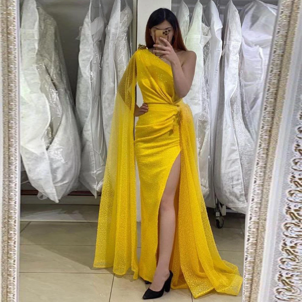 

Golden Women's Evening Dresses Mermaid One Shoulder Pleated Side High Split Formal Prom Party Gorgeous Fashion Celebrity فساتين