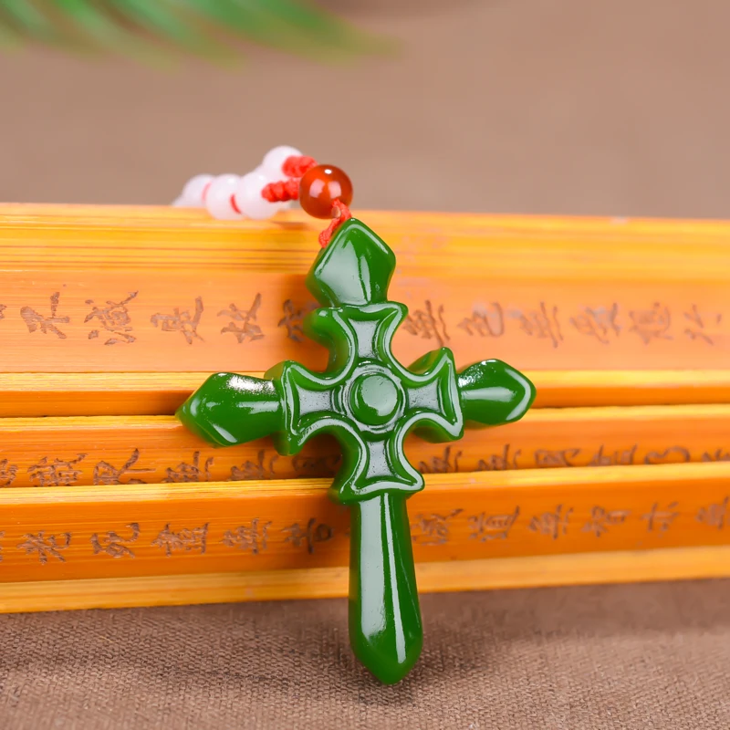Fashion Chinese Green Jade Cross Pendant Necklace Hand Carved Charm Jadeite Natural Jewelry Amulet for Men Women Gifts White