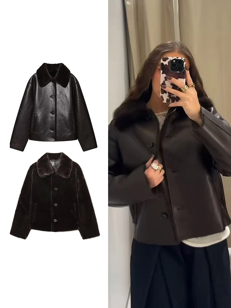 Winter Women New Double-sided Fleece Leather Jacket Fashion Reversible Lapel Single Breasted  Short Coat Retro Pocket Outwear