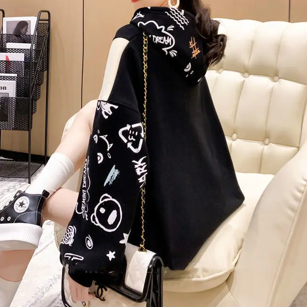 Ulzzang Hoodie Pink Autumn Oversized Harajuku Tops Funny Vintage Teens High Street Graffiti Clothes Gothic Tops Femme