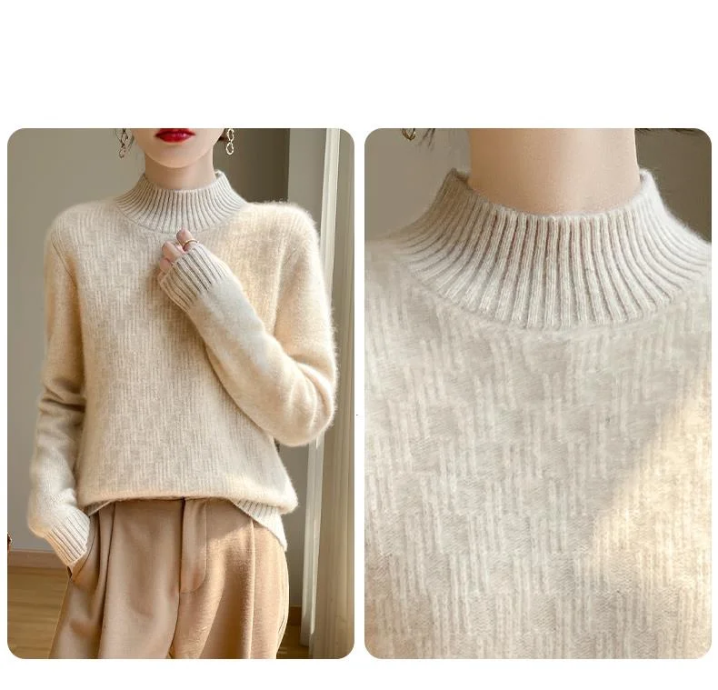 Women's semi high neck solid color sweater made of 100% wool_voghion.com