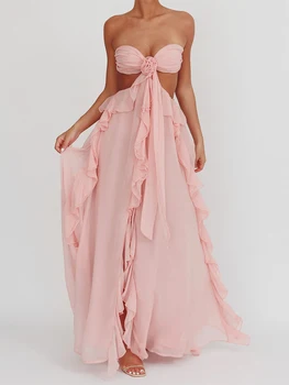 Women Floral Strapless Dress Sexy Backless Sleeveless Tube Maxi Long Dresses Y2k Mesh Bodycon Summer Beachwear 1