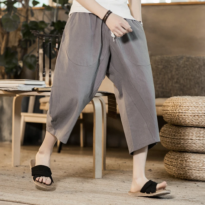Men Wide Leg Pants Japanese Style Loose Cotton Harem Pants