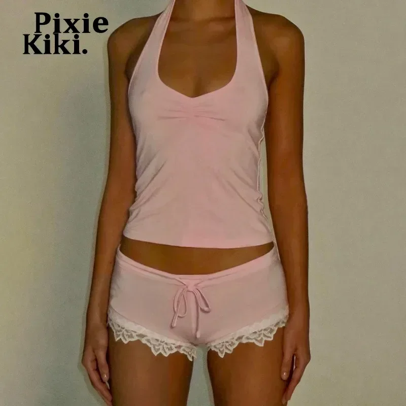 PixieKiki Girly Y2k 핑크 여성용 투피스 의상, 홀터 탑 및 레이스 트림, 부티 반바지, 카와이 옷 P16-BG17, 여름