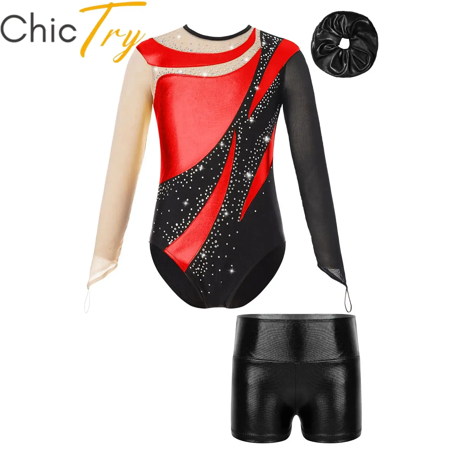 

Kids Girls Ballet Sets Sports Gymnastics Outfits Dance Leotard with Metallic High Waist Shorts Hair Band Skating Stage Costumes