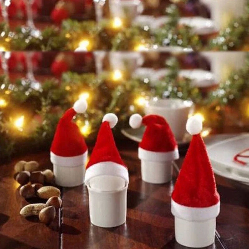 6pcs/set Mini Christmas Hats Red Santa Claus Hat Bottle Cap Christmas Decoration Home Dinner Party Table Xmas Candy Holder