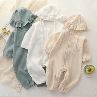Muslin Baby Jumpsuit Hat Long Sleeve Cotton Toddler Romper for Boys Girls Solid Color Spring Autumn Baby Clothes Newborn Onesie 1