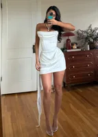 Oligai Elegant Women's Satin Mini Dress with Corset Back Lace Up Dress Ruched Bustier and Scarf for Party Wedding Gown - Image 5