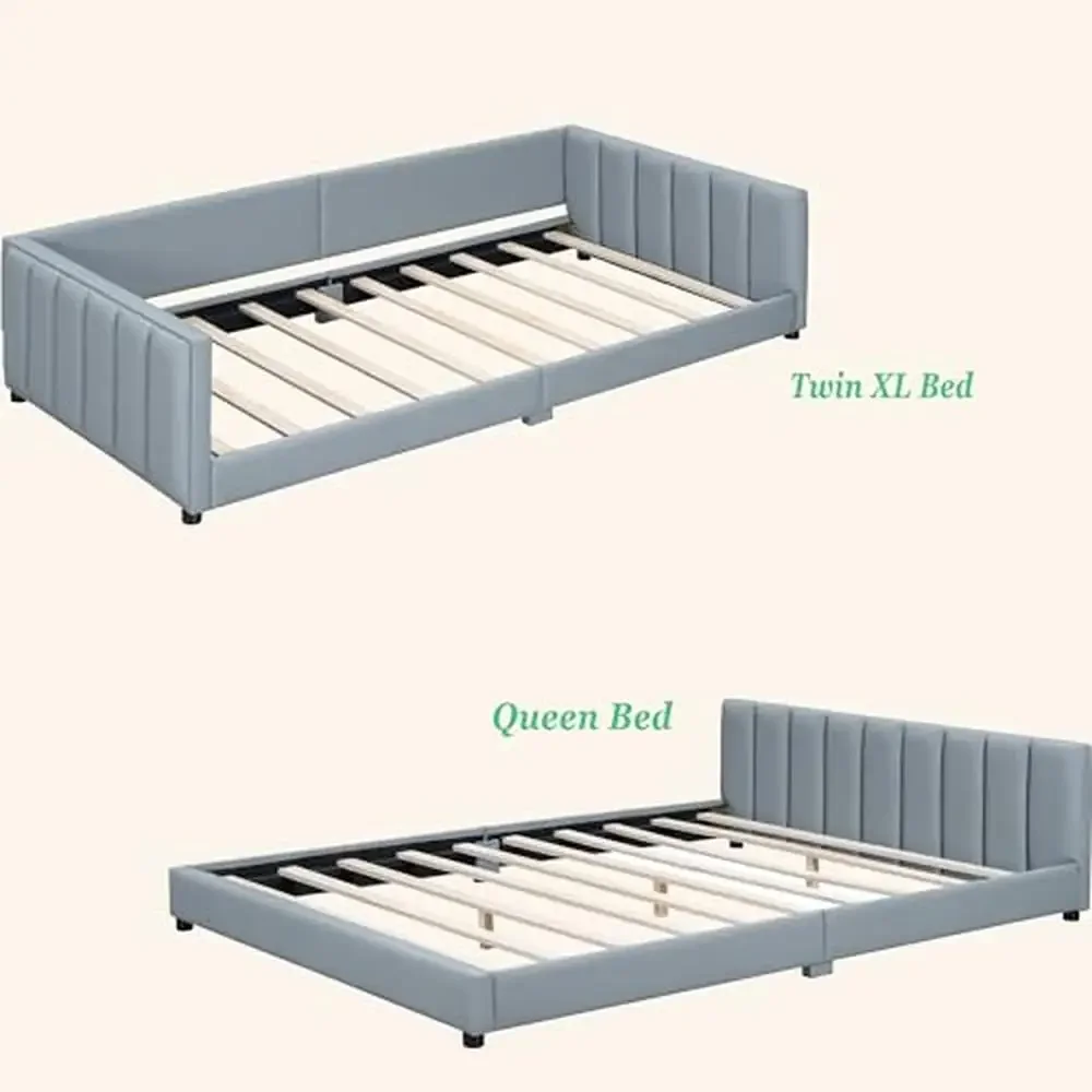 Queen Size Upholstered Platform Bed Frame Set Wood Bedroom Furniture Sofa Daybed Adults Kids with No Box Spring Needed Rustic 4