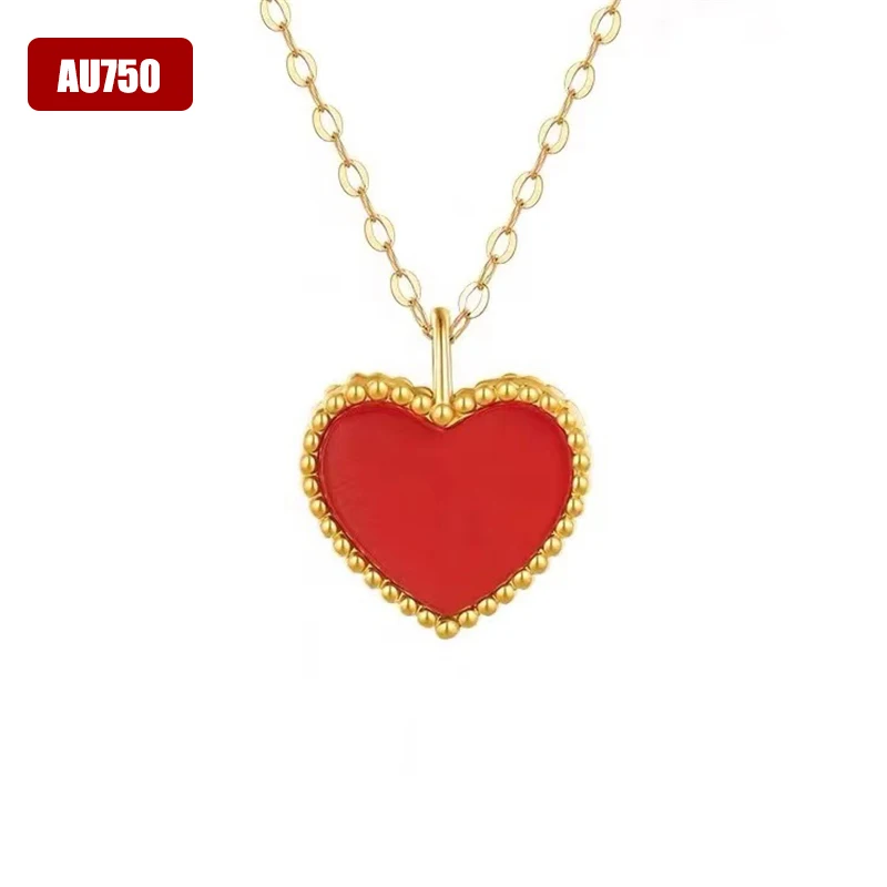 

Real 18K Gold AU750 Heart Pendant Clavicle Necklace Natural Agate Simple Romantic Gifts For Women Fine Jewelry