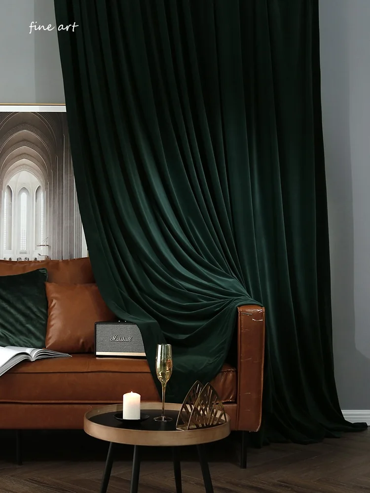 

Nordic Retro Velvet Solid Color Dark Green Curtains for Living Room Bedroom Velvet Simple Bay Window Blackout Curtains
