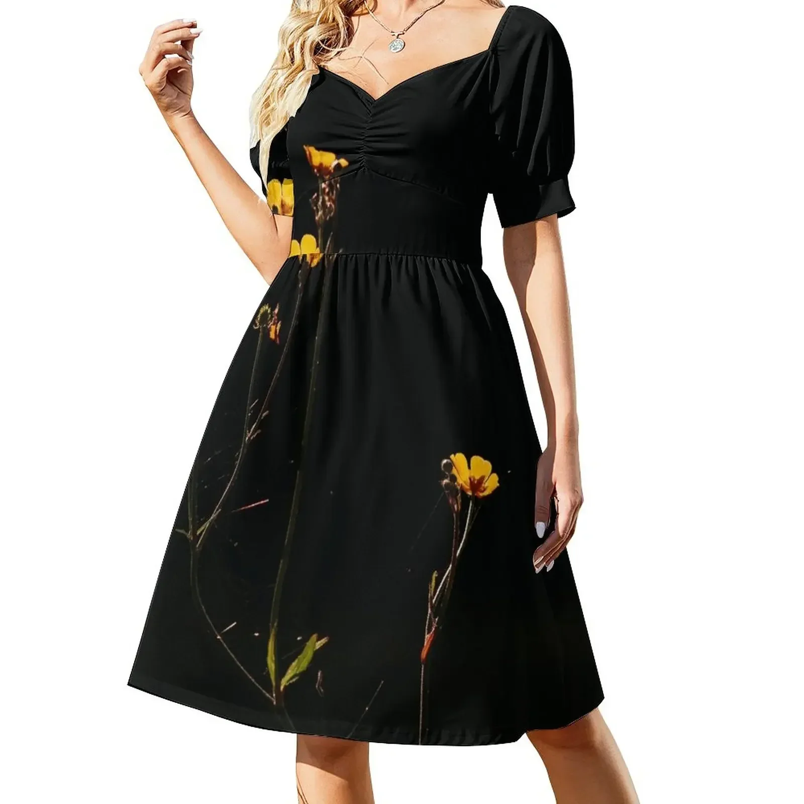thumbnail image 1 of Vestido de manga corta con flores amarillas silvestres, vestido de hada, vestidos de noche para mujer, 1 of 7