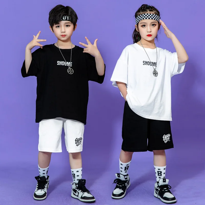 

Boys Summer Hip Hop Girls Pocket White Vest Sport Shorts Child Loose T-shirt Street Dance Kids Tracksuit Streetwear Costumes