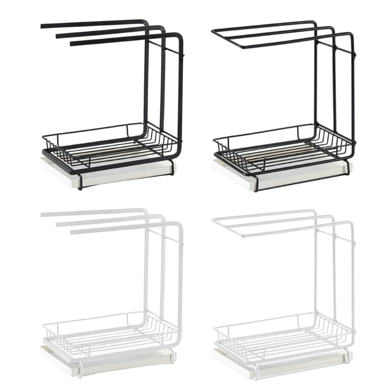 Rustproof Sink Storage Rack Large Sponge Holder with Drain Pan Rag Towel Shelf Sink (Black/White)