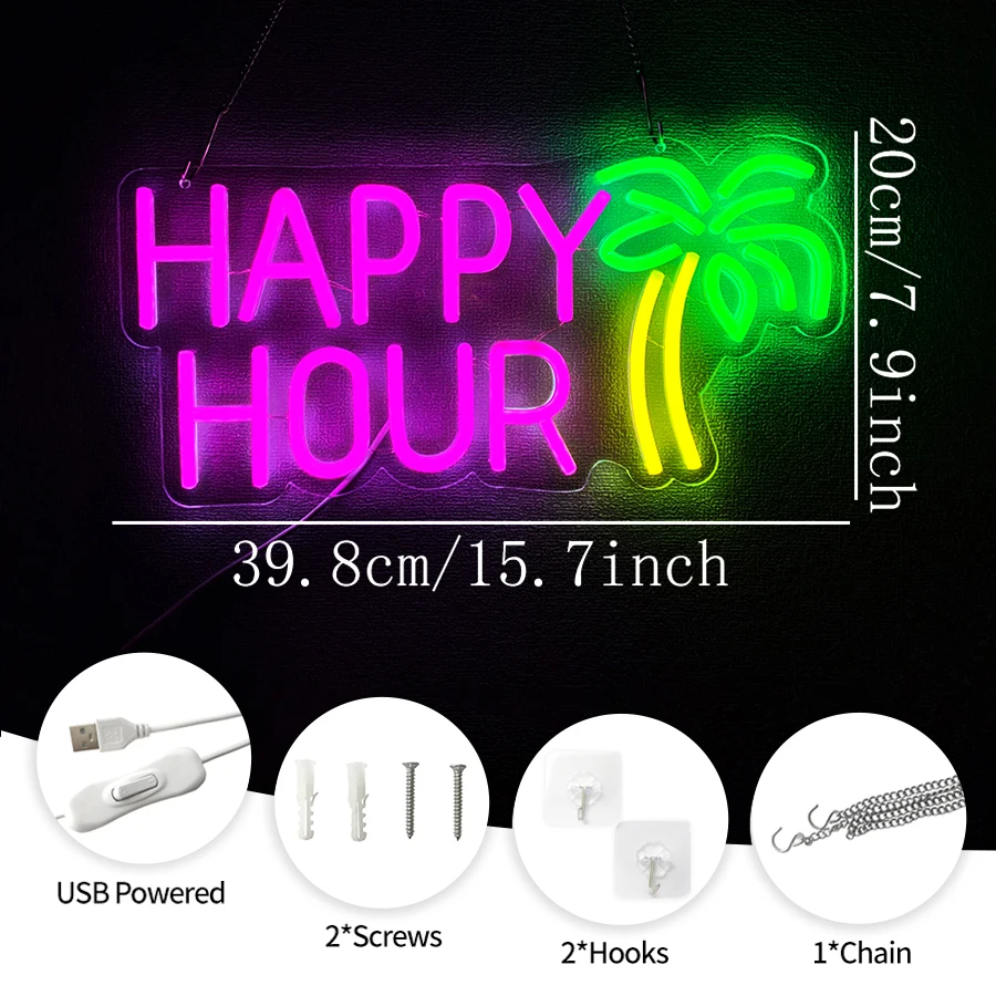 해피 아워 네온사인 LED 네온 바 사인, 가정용 바, USB 전원, 밝은 칵테일, 벽 장식, 펍, 맨케이브, 바 액세서리