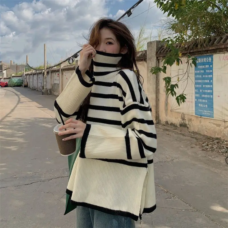 

Ro Striped Turtleneck Sweater Schoolgirl Fall and Winter Languid Pullover Loose Knit Thick Split Top Jacket Trendy Chic Top