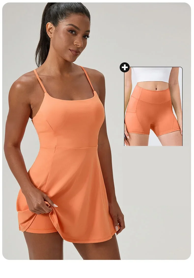 S-2XL One Piece Tennis Dress With Shorts&Chest Pads Golf Dress Workout Trainning Skirts Sleeveless Quick-Dry Athletic Dresses