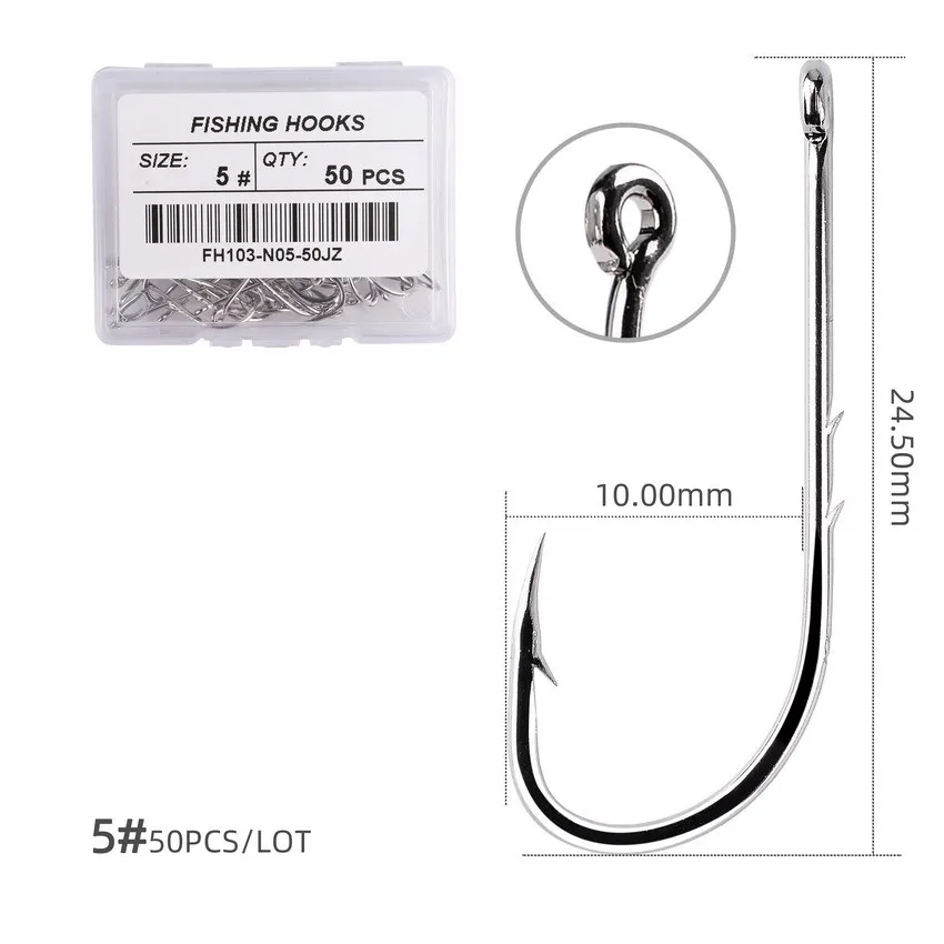 50PCS/box Long Shank Fishing Hook High Carbon Steel Sharp Barbed Offset Narrow Bait Hook Fishhook Fishing Accessories