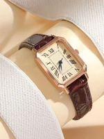 Casual Rectangle Pointer Quartz Watch Rome Fashion Analog Retro PU Leather Wrist Watch For Women Girls