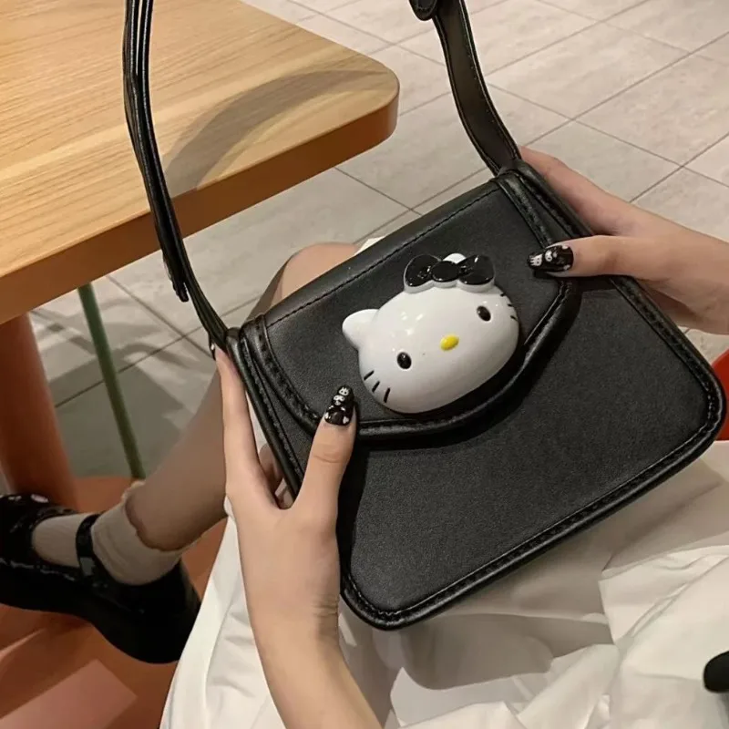 MBTI Hello Kitty Womens Handbag Y2k Vintage Black Fashion Harajuku Style Shoulder Bag Leather Exquisite Literary New Armpit Bag