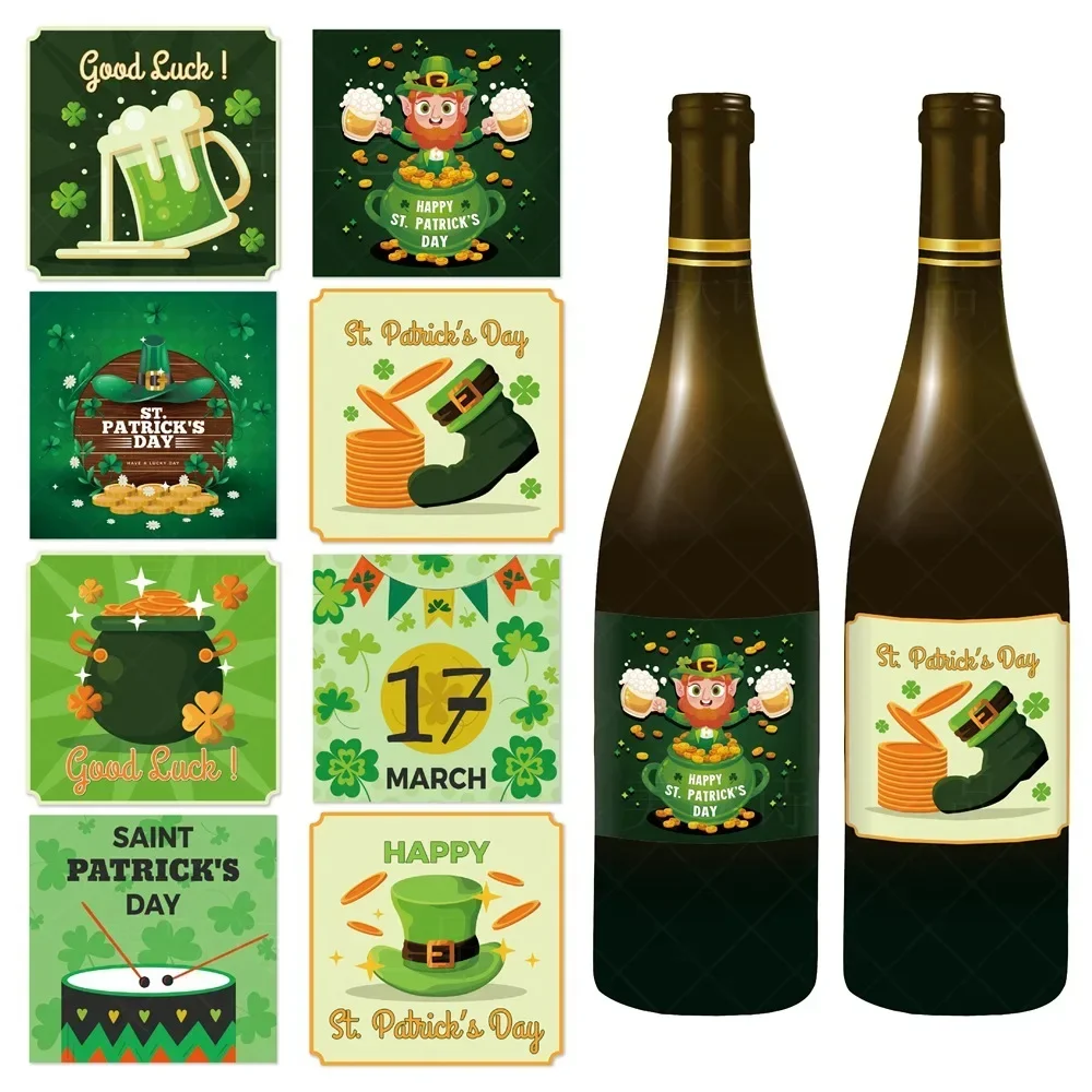 

9pcs St. Patrick's Day Party Decors Clover Wine Bottle Stickers Irish Festival Envelope Sticker Happy St Patrick's Day Party