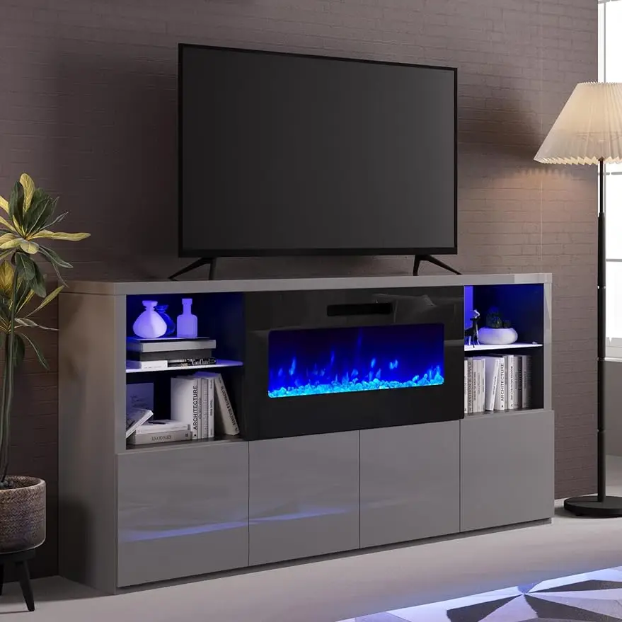 

Modern High Gloss 68" Fireplace TV Stand, Media Entertainment Center with Fireplace & LED Lights for TVs up to 78"