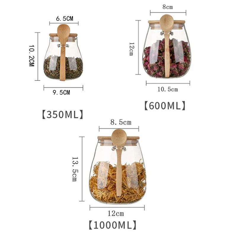 Frasco de vidrio de 350/600/1000 ml con tapa hermética de bambú y cuchara adjunta, recipiente para té, café, sal, azúcar, especias y condimentos - Image 5