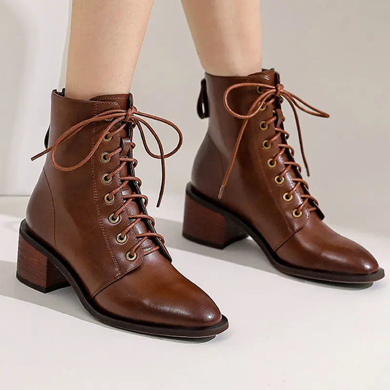 

Back Zipper Ankle Boots Genuine Leather Lace Up square heels boots 2024 Winter square Toe Shoes Woman Office Lady Basic Boots