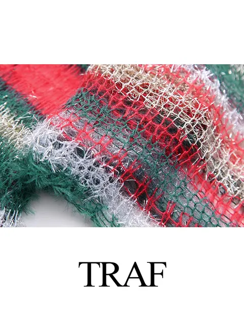 TRAF 2024 New Female Cropped Pullover All Matched Striped Round Neck Long Sleeves Spring Sweet Tops Versatile Y2K Casual Sweater 4
