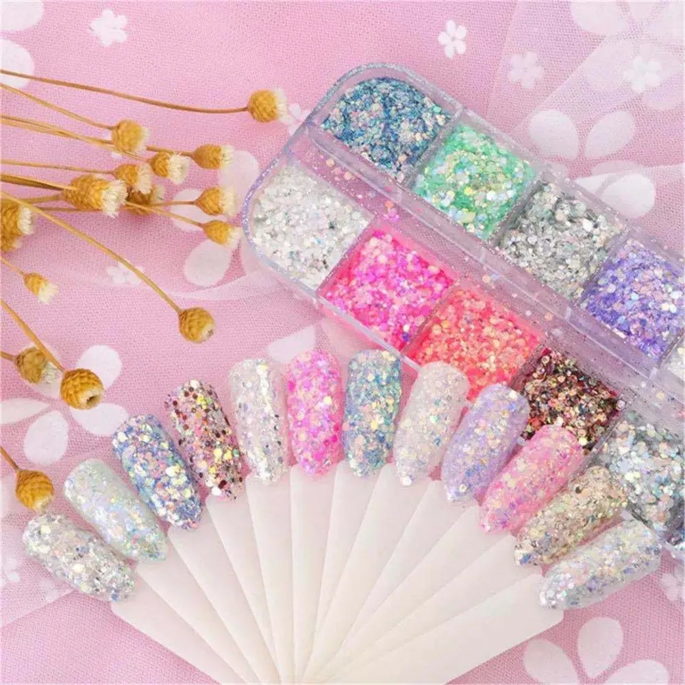 12Grids/Box Gradient Mermaid Glitter Flakes for Nails Hexagon Sequins Mix Powder 3D Manicure Nail Art Paillettes Decoration Tips